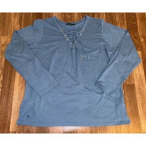 Lauren Ralph Lauren Blue Slub Knit Lace Up V-Neck Long Sleeve Top XL